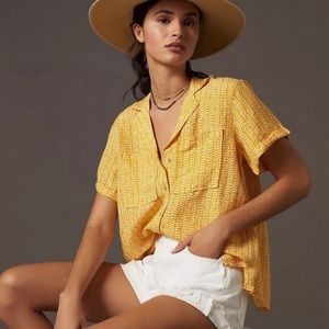 Anthropologie Maeve Linen Blend Surf Shirt Medium Short Sleeve Button Yellow NWT